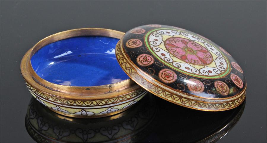Chinese cloisonné box, the geometric designed lid enclosing a blue interior, scroll base, 6.5cm wide - Image 3 of 4