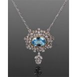 Edwardian aquamarine and diamond set necklace, the pendant with a central aquamarine at