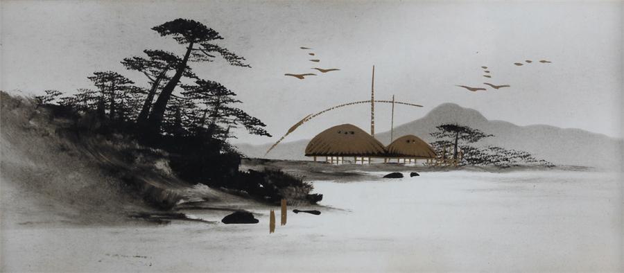 Set of three Japanese pictures, painted in black wash with gilt lacquered heightened buildings, - Image 5 of 8
