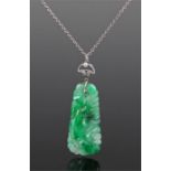 Jade and diamond set pendant, the carved foliate pendant with a diamond pendant fitting with pearl