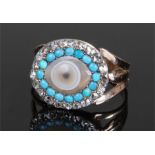 Fine 19th George III period banded "eye" agate turquoise and diamond set ring, the central banded