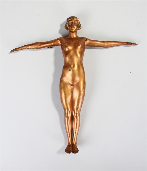 Gilt spelter Art Deco figure of a nude female, arms stretched, lacking base, 29cm high - Image 2 of 2