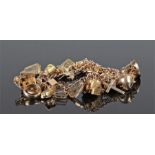 9 carat gold charm bracelet. The chain link with a collection of charms to include houses, rings,