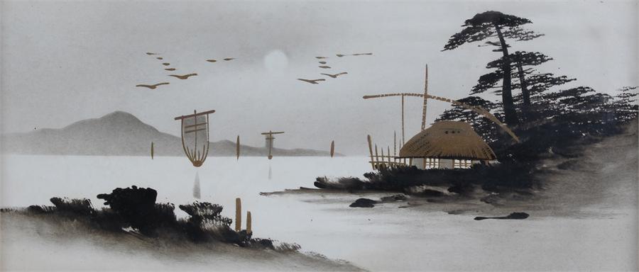 Set of three Japanese pictures, painted in black wash with gilt lacquered heightened buildings, - Image 7 of 8