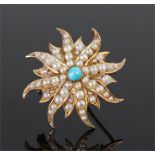 Yellow metal pearl and turquoise set brooch, the star form brooch with pearl set beams and central