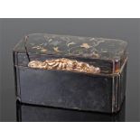 Regency tortoiseshell and gold inlaid snuff box. The hinged lid with inlaid leaf decoration in