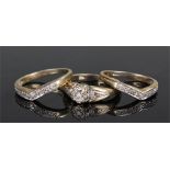 Trio of 9 carat gold and diamond set rings with a central ring and diamond to the centre, with a