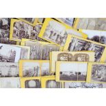 Collection of stereoscope view slides to include buildings, countryside scenes, figures, bridges,