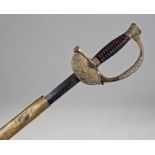 19th Century French sword, the diamond section etched blade with folding gilt guard decorated by a