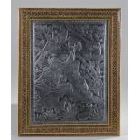 Iran white metal plaque with a male and female figure under tress with birds, 38cm x 48cm