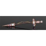 9 carat gold and opal set clock pin in the form of a sword with short scabbard, set with ten