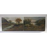 W Richards (19th Century school) a pair, Scottish Cottage by a river and Cattle by a river oil on