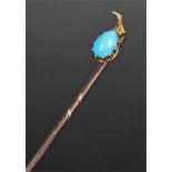 Yellow metal turquoise set stick pin, in the form of a fruit, cased