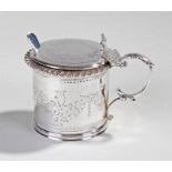 Victorian silver mustard, London 1865, maker William Evans, the ribbon engraved hinged top with