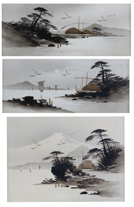 Set of three Japanese pictures, painted in black wash with gilt lacquered heightened buildings,