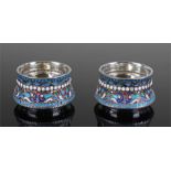 Pair of Russian silver and cloisonné salts, each decorated with white, red and blue enamel