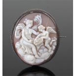 Victorian cameo brooch, the shell cameo carved with a lady seated on a cloud with a putti holding