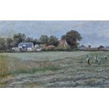 English school, Harvesting near Totnes, Dartmoor, Devon, 1928, signe A Halk? oil on board,