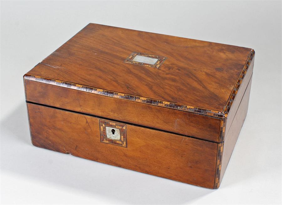 Victorian walnut sewing box, with various sewing items inside, (qty)