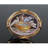 Fine Victorian yellow metal micromosaic brooch, the oval mosaic depicting the doves of Pliny, within