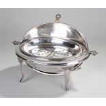 Silver plated roll over warming / serving dish, the hinged dome top with reeded cabriole legs,