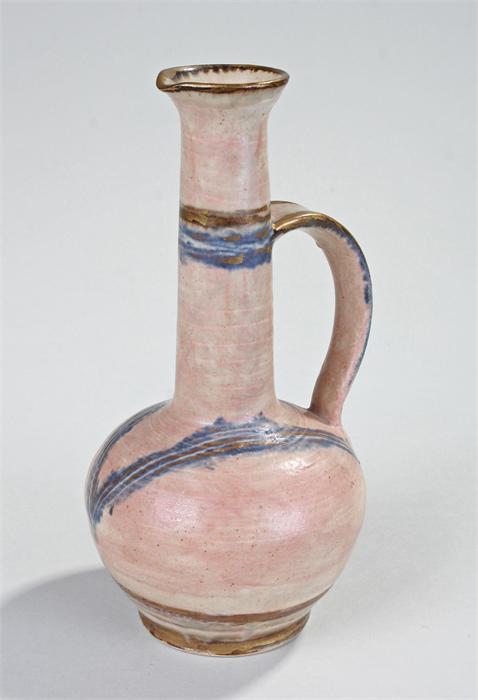 Bernard Forrester (1908-1990) jug with a long neck, blue and gilt bands and loop handle, signed F to