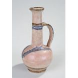 Bernard Forrester (1908-1990) jug with a long neck, blue and gilt bands and loop handle, signed F to