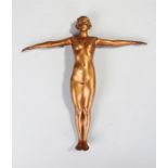 Gilt spelter Art Deco figure of a nude female, arms stretched, lacking base, 29cm high