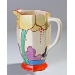 Clarice Cliff Newport Pottery water jug, Bizarre, Fantasque, Summerhouse pattern, polychrome