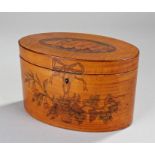 George III harewood and inlaid tea caddy of navette form. The hinged top with central inlaid shell