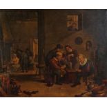 19th Century oil on board, Tavern scene with figures gambling, eating and drinking, unsigned oil