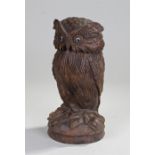Black Forest owl tobacco box, the removable head with glass eyes above a feathered body and leaf