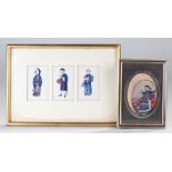 Chinese rice paper paintings to include a set of three, a signed framed example and a seated man