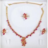 22 carat gold and ruby trio jewellery set to include a necklace set with rubies to the chain and
