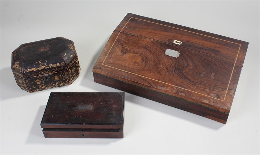 Victorian rosewood writing slope, together with a Chinese sewing box with bone implements and a