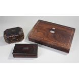 Victorian rosewood writing slope, together with a Chinese sewing box with bone implements and a