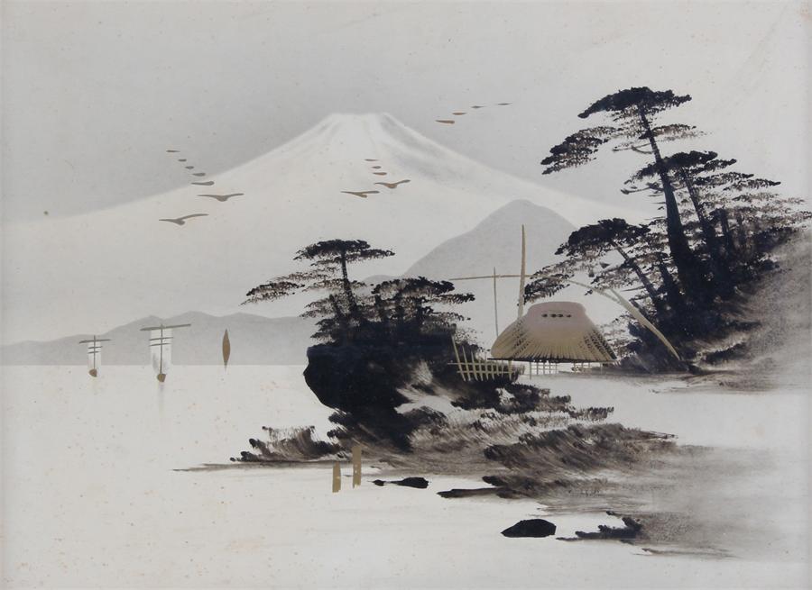 Set of three Japanese pictures, painted in black wash with gilt lacquered heightened buildings, - Image 3 of 8