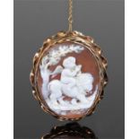 19th Century cameo brooch. The shell carved cameo with putti on the back of a lion, housed within