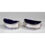 Edward VII pair of silver and blue glass butter dishes, Chester 1909, George Nathan and Ridley