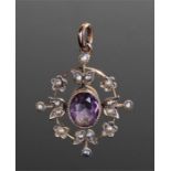 9 carat gold amethyst and pearl pendant in the form of a flower, 32mm high