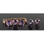 14 carat gold synthetic violet sapphire jewellery set, the bracelet with three synthetic sapphires