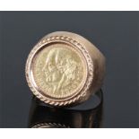 Mexican gold ring, set with a 1945 gold Peso coin, total weight 8.8 grams, ring size P 1/2