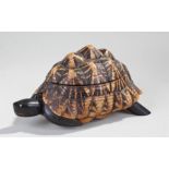 Novelty Anglo Indian turtle box, the faux shell back enclosing an inlaid compartment, carved