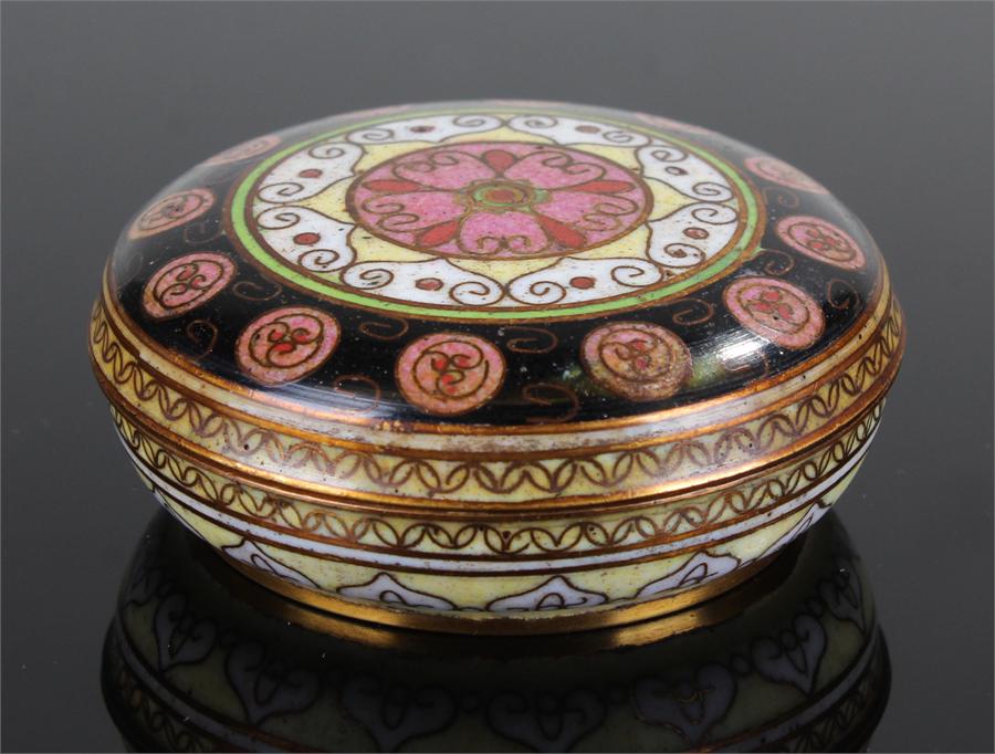 Chinese cloisonné box, the geometric designed lid enclosing a blue interior, scroll base, 6.5cm wide - Image 2 of 4