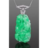 Jade and diamond set large necklace pendant, the jade carved as koi carp with a diamond set