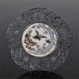Mejij period Japanese shibayama dish, the ivory plaque with mother of pearl, gold and enamel