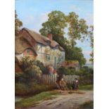 19th Century British school, figures by a cottage, unsigned oil on canvas, 22cm x 31cm excluding