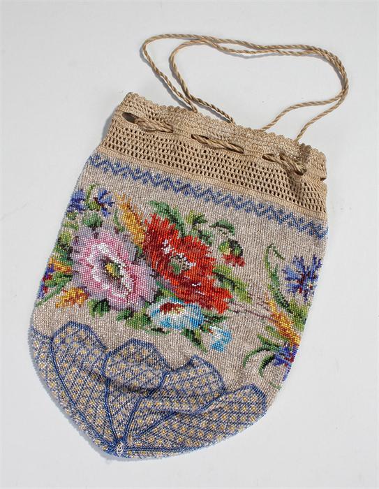 Victorian bead bag, the polychrome beads with foliate decoration and geometric pattern, 28cm high