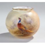 Royal Worcester porcelain vase of spherical form, hand painted with a pheasant in landscape,
