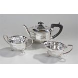 Elizabeth II Silver three piece tea set, Sheffield 1956, Edward Viner. The tea pot on paw feet